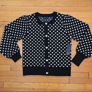 NWT, Rachel Zoe, Polka Dot Heart Snap Button Cardigan, Black & White, Women's M